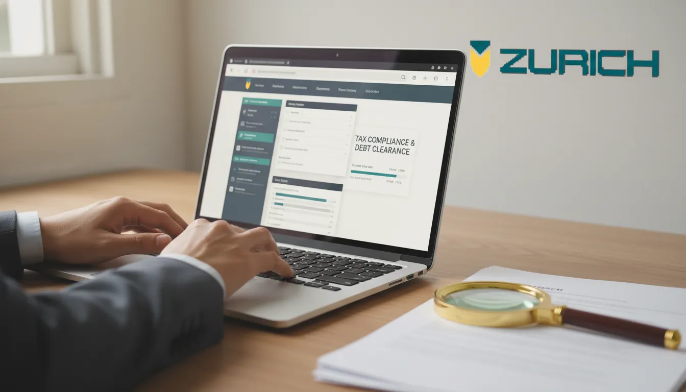 Detalhe das mãos digitando em um laptop, tela exibe formulário relacionado à certidão negativa de débitos e conformidade fiscal.