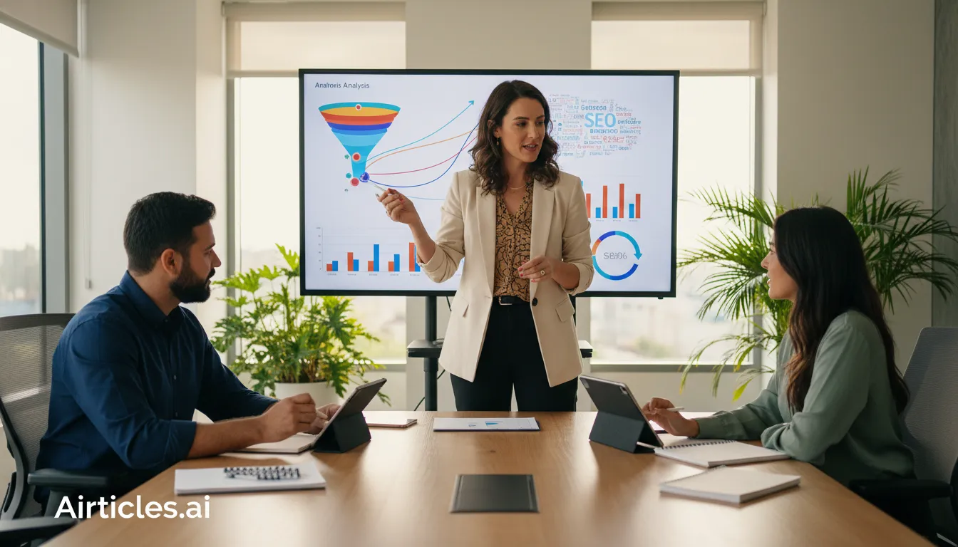Equipe de marketing colaborando em um funil de vendas digital, com gestor de tráfego apresentando estratégias.