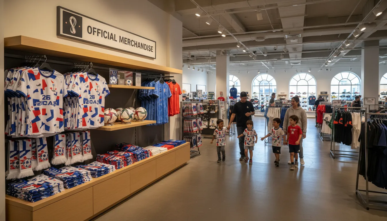 Visão ampla e realista de loja de esportes com prateleira cheia de produtos oficiais da copa, incluindo a bola copa do mundo 2026 oficial.