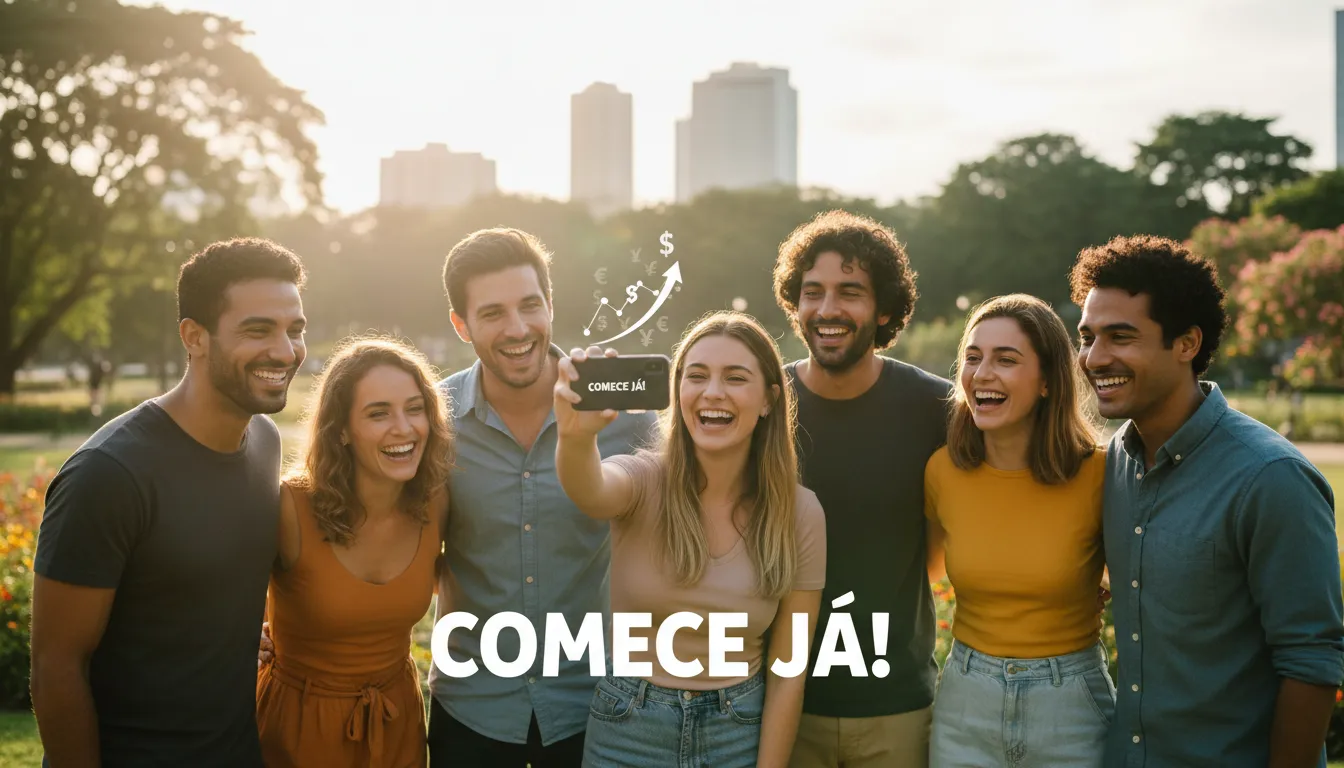 Grupo diverso de pessoas sorrindo e olhando para um gráfico de crescimento financeiro no celular, representando investir com pouco dinheiro.