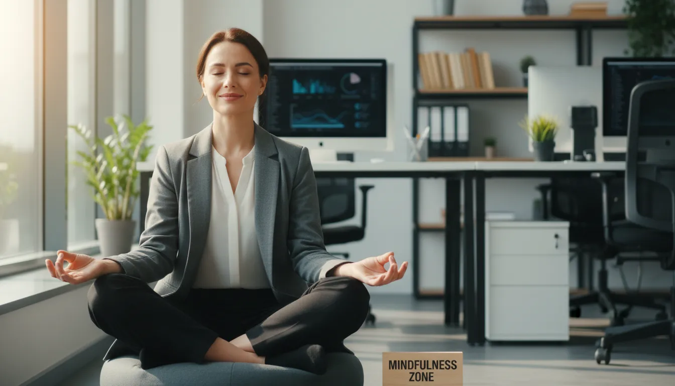 Profissional praticando meditação em seu local de trabalho organizado e sereno.