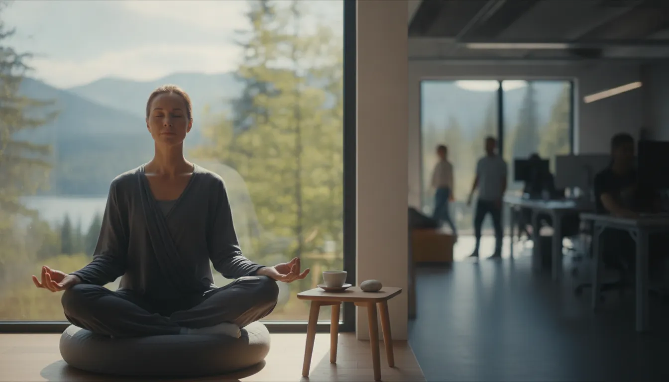 Pessoa meditando no escritório, praticando autocuidado para saúde mental no ambiente de trabalho.