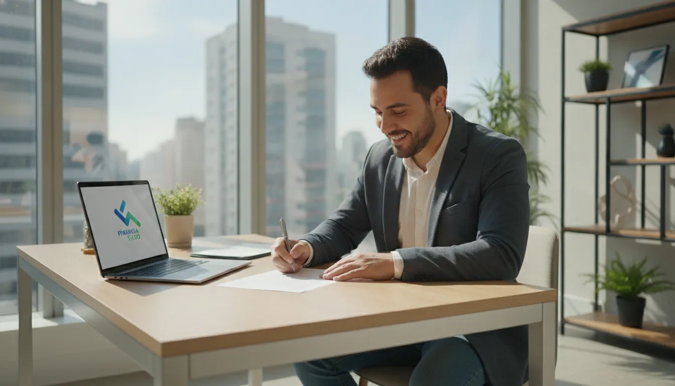 Pessoa feliz assinando contrato de financiamento, após ter um financiamento negado.