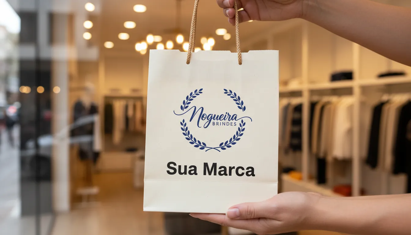 Close-up de mãos segurando sacola de papel personalizada Nogueira Brindes, com interior de loja borrado ao fundo, foco na sua marca.