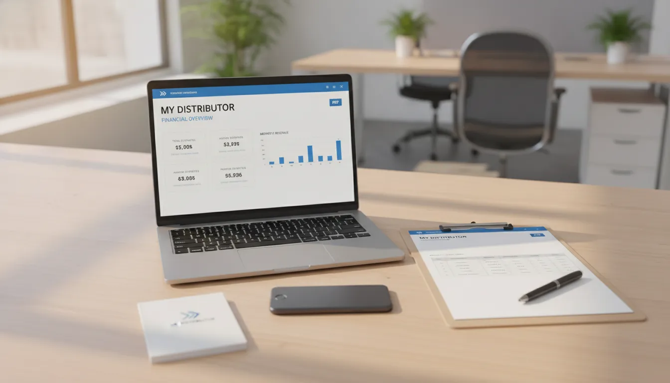 Mesa organizada, laptop exibe dashboard financeiro Meu Distribuidor. Orçamento PDF impresso ao lado, eficiência.