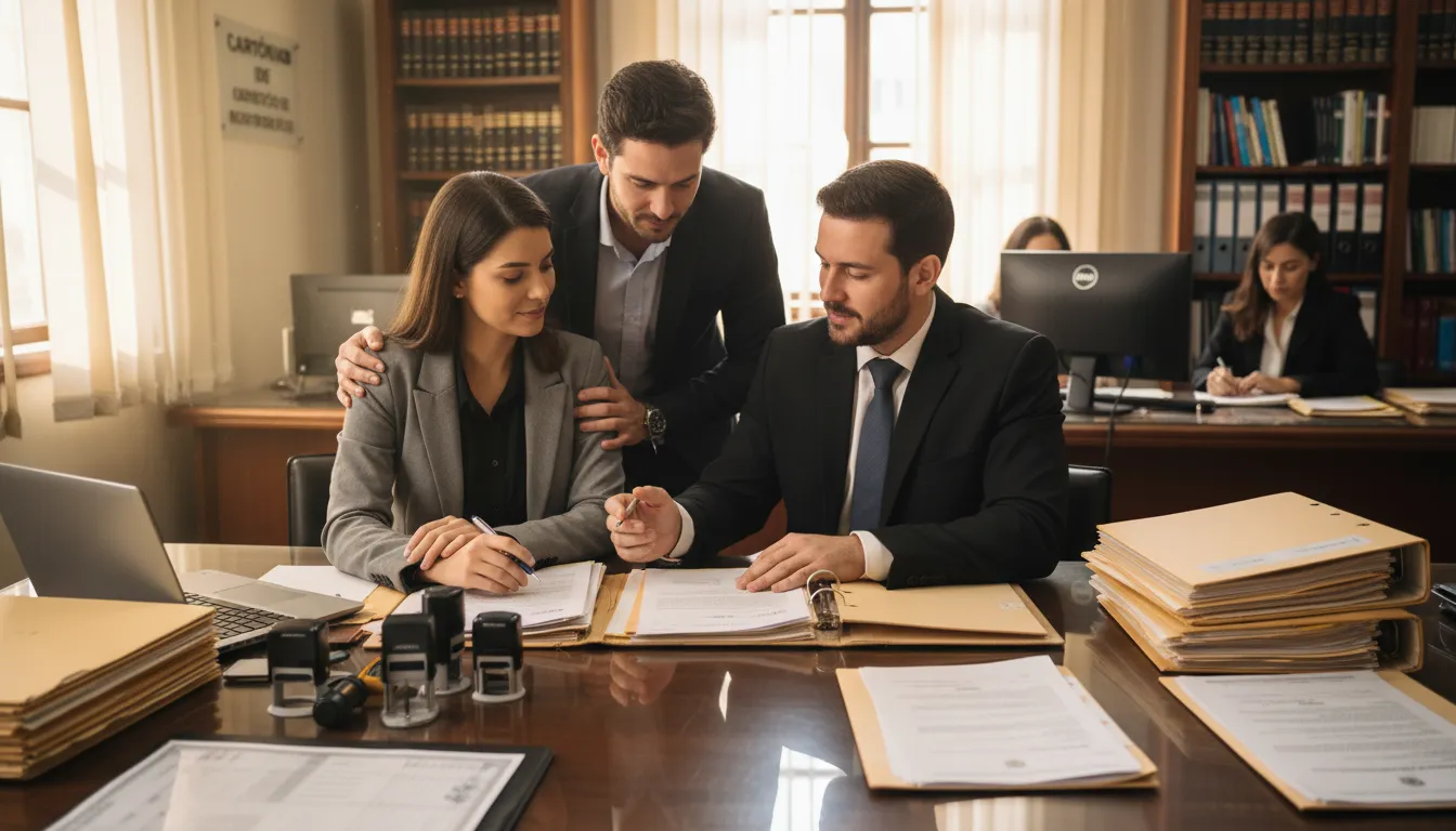 Agente e casal revisam documentação em cartório, garantindo segurança no processo de financiamento de imóvel.
