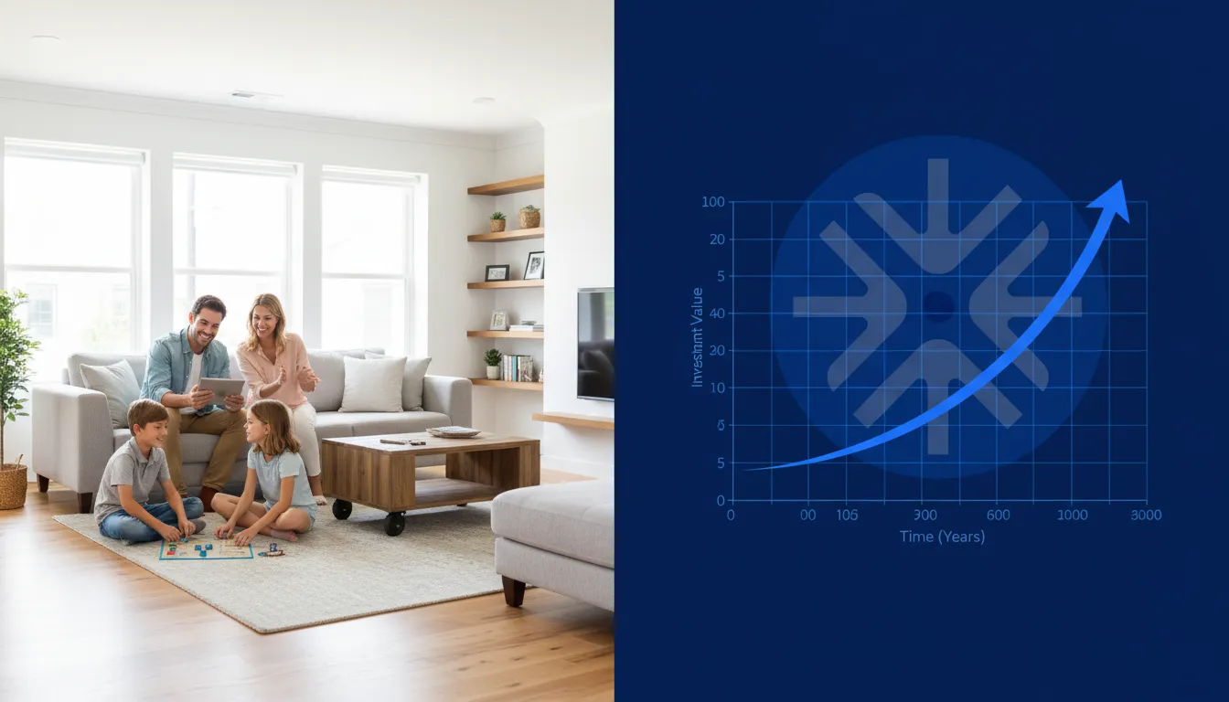 Família aproveitando casa renovada com home equity e gráfico de planejamento financeiro da Financia Tudo.
