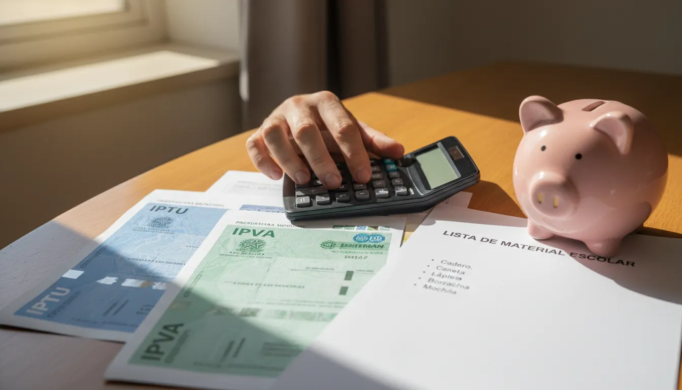 Calculadora e documentos de IPTU, IPVA e material escolar representam organização financeira doméstica.