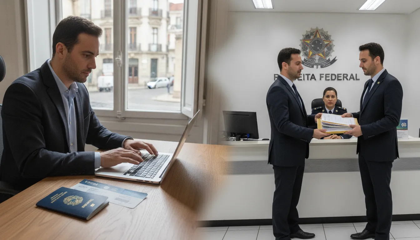Two scenes: foreigner applying for CPF Brazil online abroad and in-person at a Brazilian office.