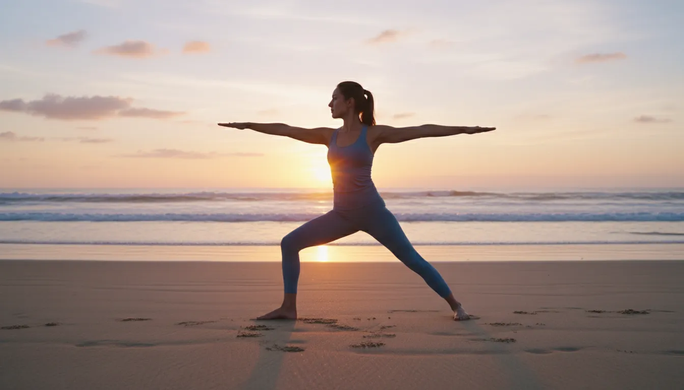 Mulher praticando yoga ao nascer do sol na praia, cultivando Hábitos Saudáveis e serenidade.