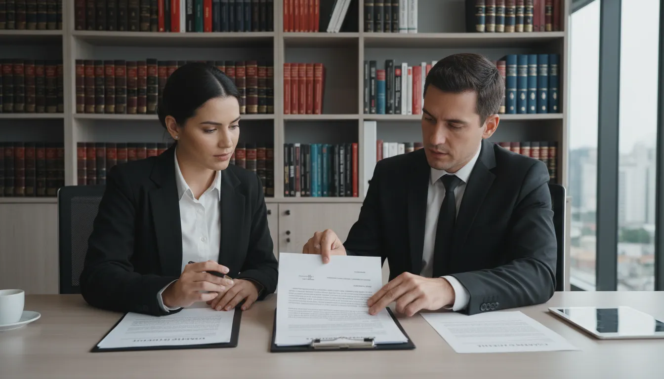 Advogada revisando documentos com cliente em ambiente de escritório moderno e profissional