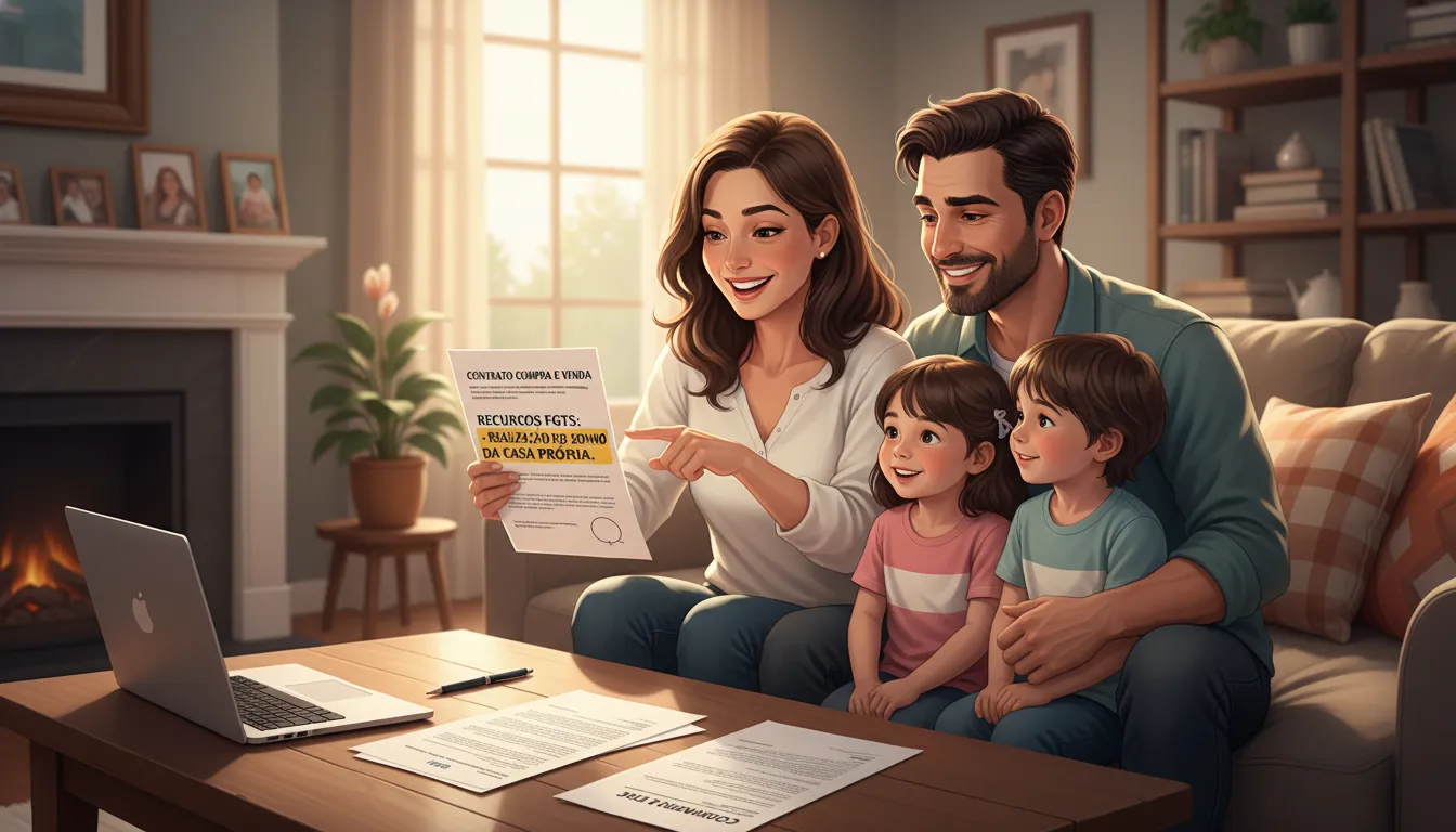 Família analisa documentos de compra de imóvel com destaque para o FGTS em sala de estar aconchegante.