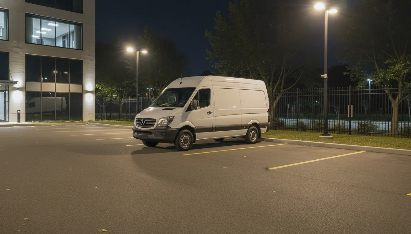 Veículo comercial estacionado seguro à noite, transmitindo paz de espírito com proteção veicular utilitário garantida.
