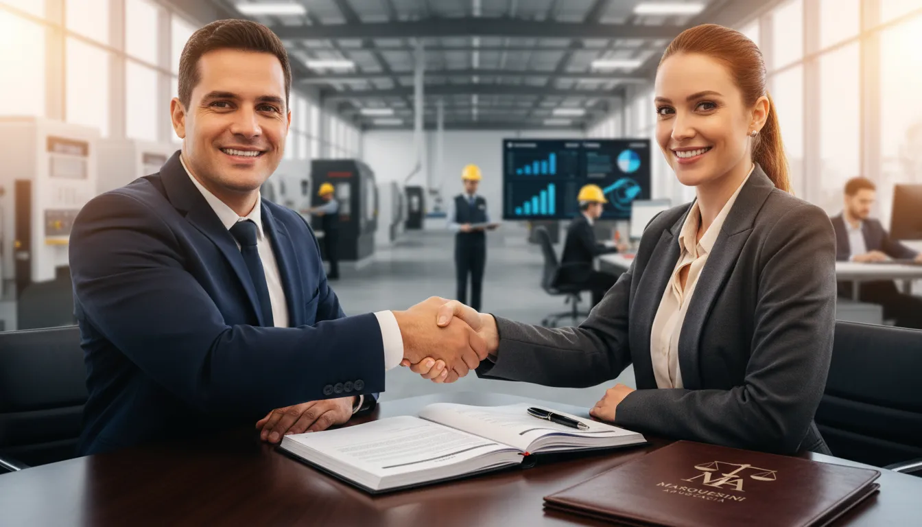Parceiros de negócios celebram um acordo seguro e bem-sucedido após a compra e venda de empresa com apoio jurídico.