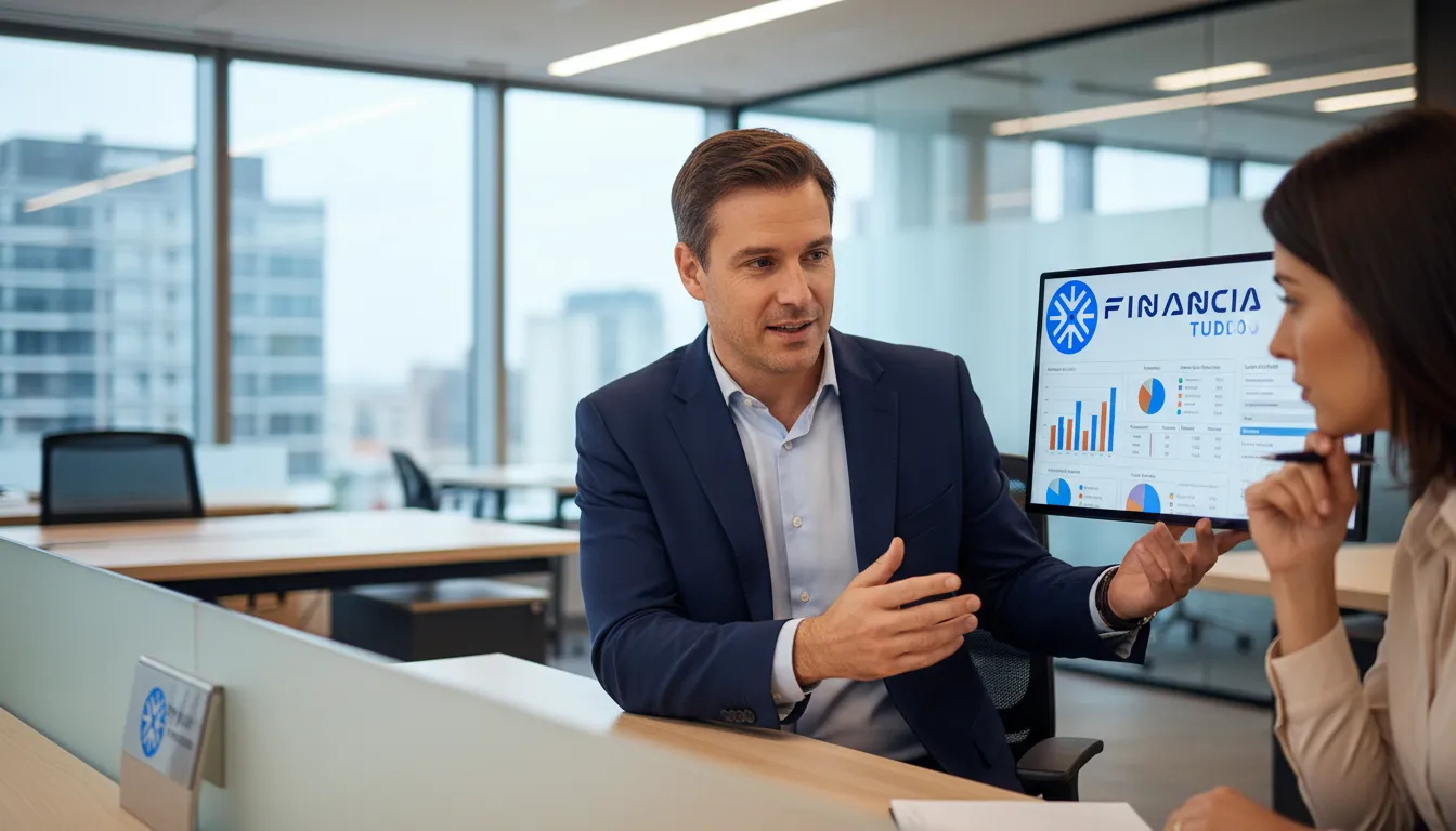 Consultor da Financia Tudo explica o funcionamento do prazo home equity amortização para cliente em reunião.