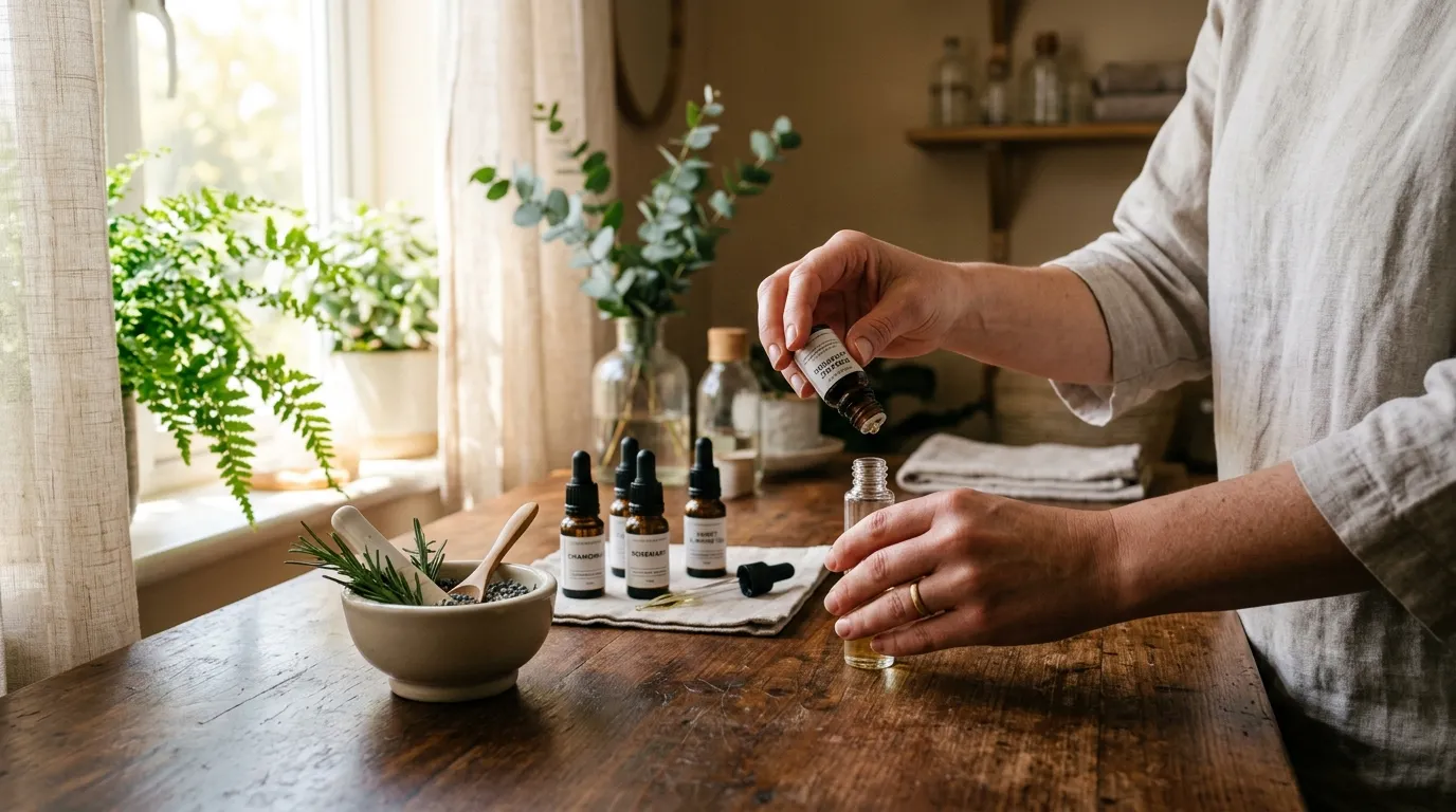 Preparação cuidadosa de óleos essenciais para aromaterapia em ambiente terapêutico.