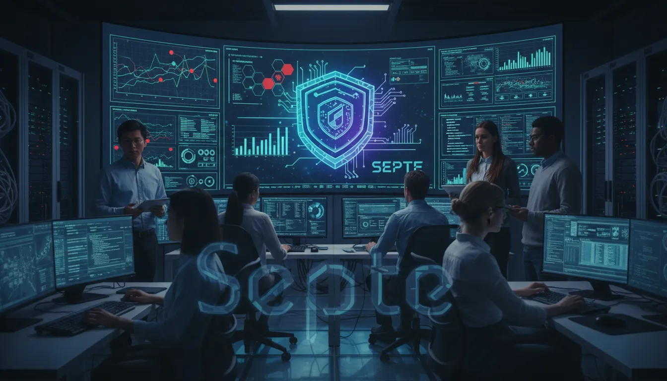 Profissionais de TI monitorando painel de segurança de dados em centro de operações corporativo.