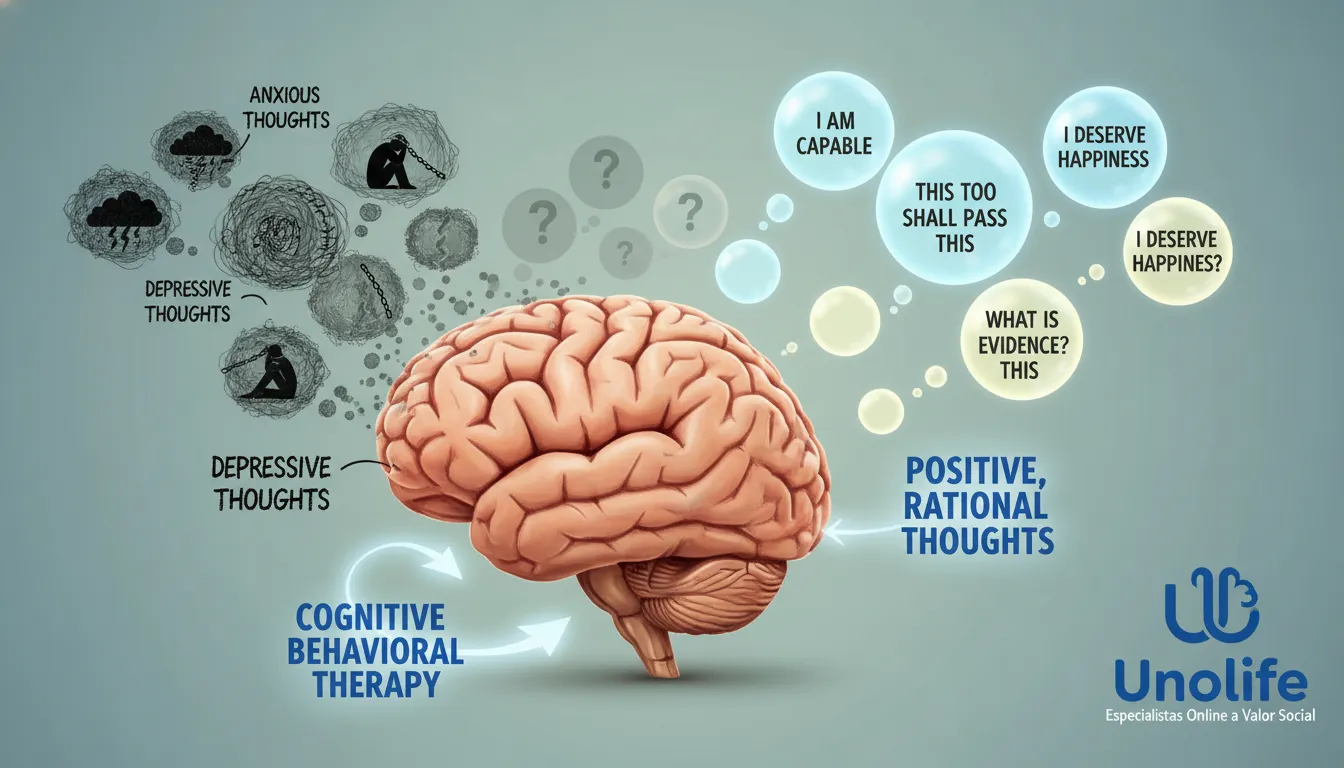 Visualização do impacto da Terapia Cognitivo-Comportamental no cérebro, transformando pensamentos negativos em positivos com o apoio dos especialistas da Unolife.