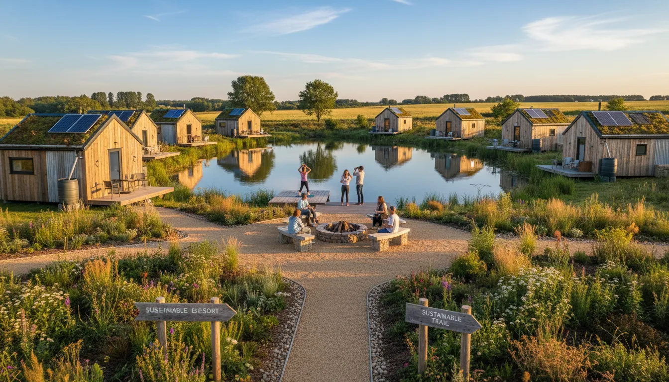Sítio adaptado para turismo com minicabanas, lago, área de lazer e infraestrutura ecológica aparente.