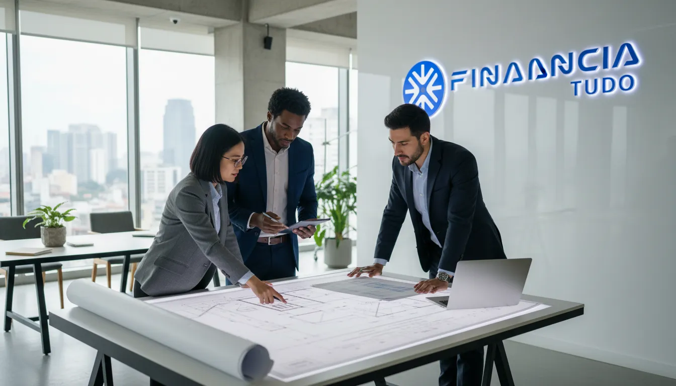 Equipe multidisciplinar analisa planos para resolver obra parada, com a Financia Tudo como parceira confiável na busca por soluções financeiras.