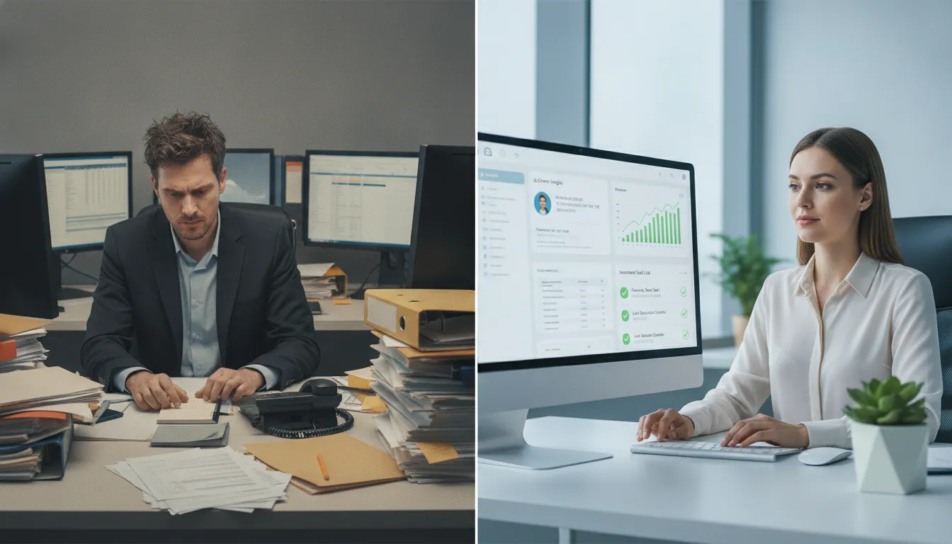 Contraste: vendas manuais vs. IA em vendas para geração de leads, reduzindo custos e aumentando eficiência.