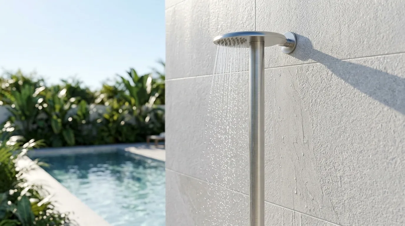 Detalhe de ducha piscina em funcionamento com fluxo de água cristalina na área externa.