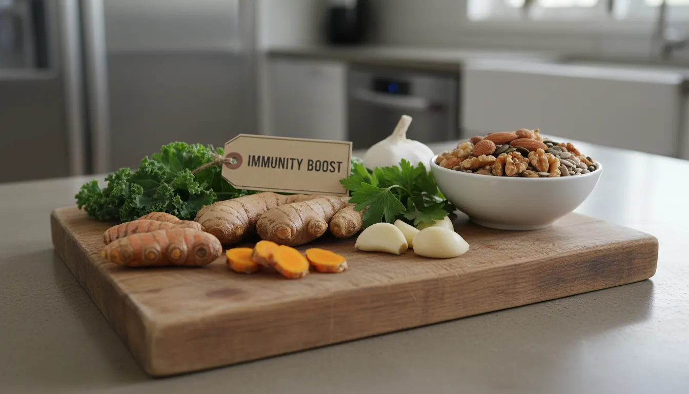 Táboa de corte com cúrcuma, gengibre, alho, folhas verdes e oleaginosas, prontos para preparo saudável