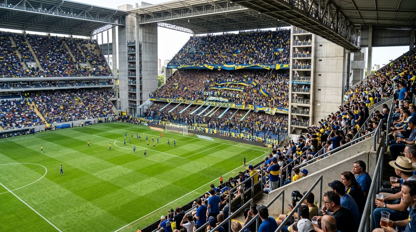 Vista panoramica da arquibancada e campo verde do estadio.