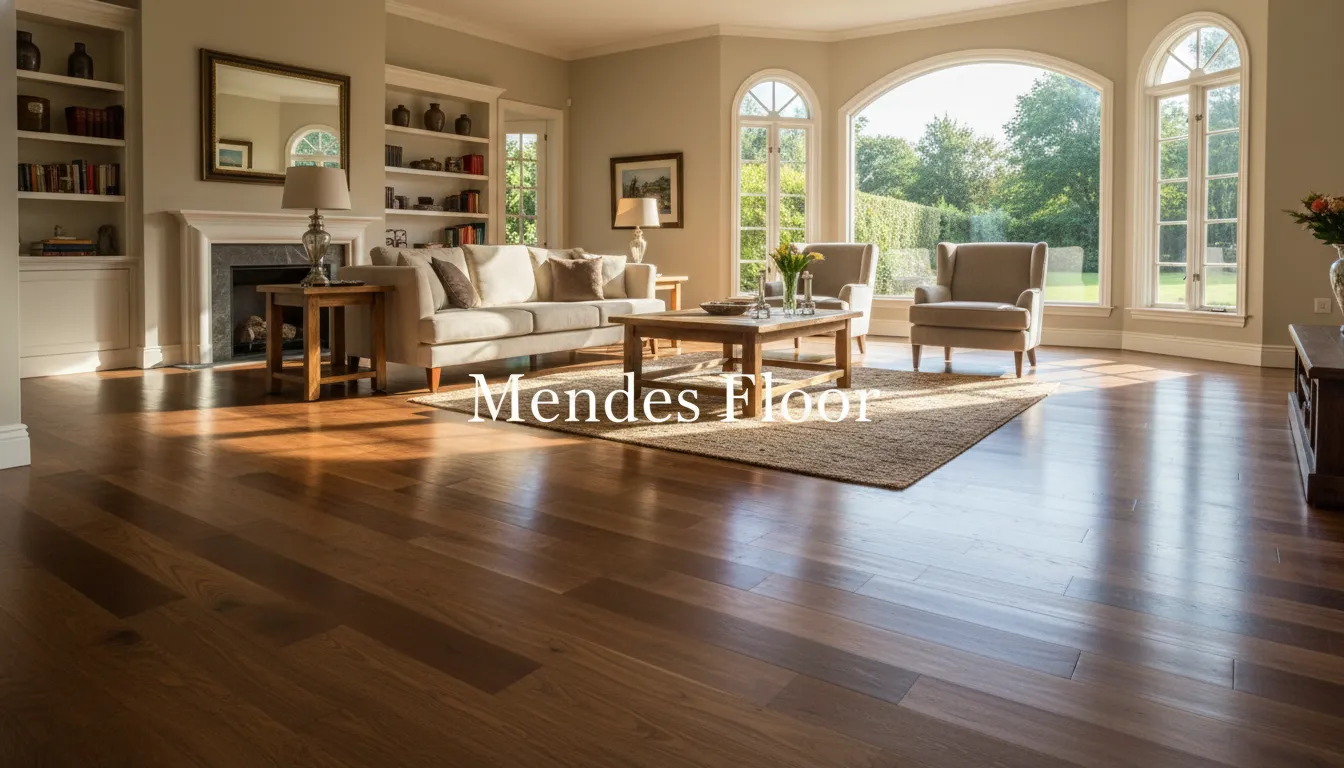 A bright, elegant living room featuring a perfectly stain hardwood floor, showcasing a transformation made possible by professional restoration.