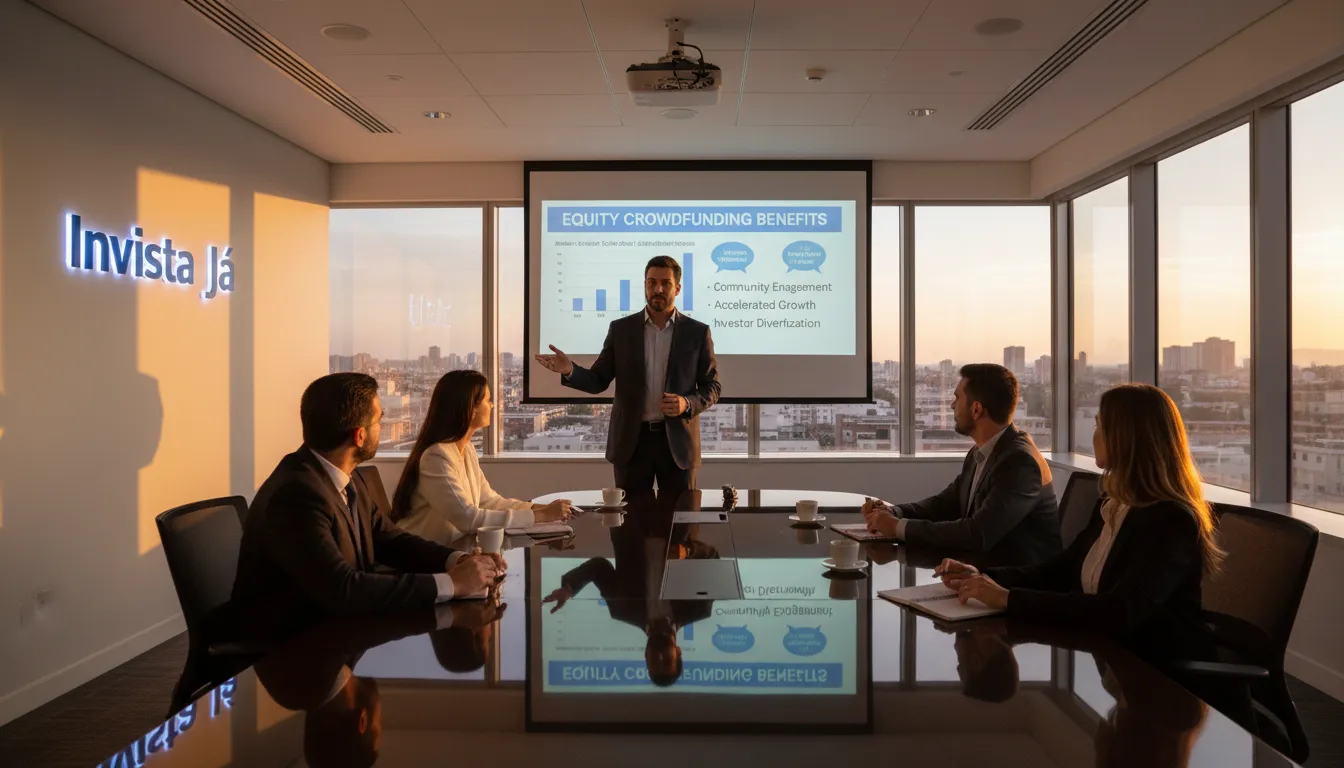 Um consultor financeiro explicando as vantagens do crowdfunding equity para um grupo de clientes com o logo da NanoInc. em uma tela de apresentação.