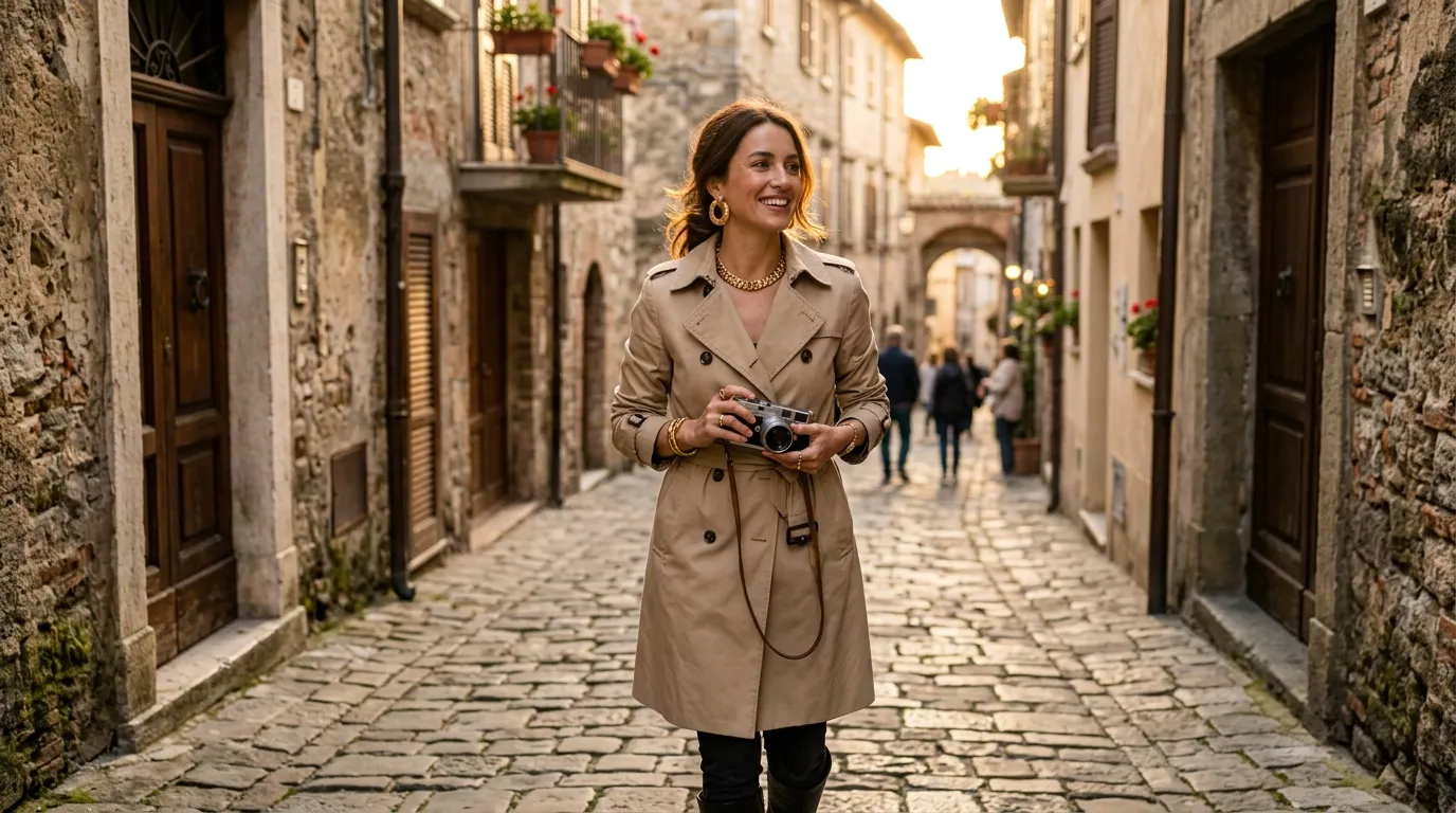 Mulher com brincos modernos caminhando na Europa, acessorio que transforma qualquer viagem em momento inesquecivel.