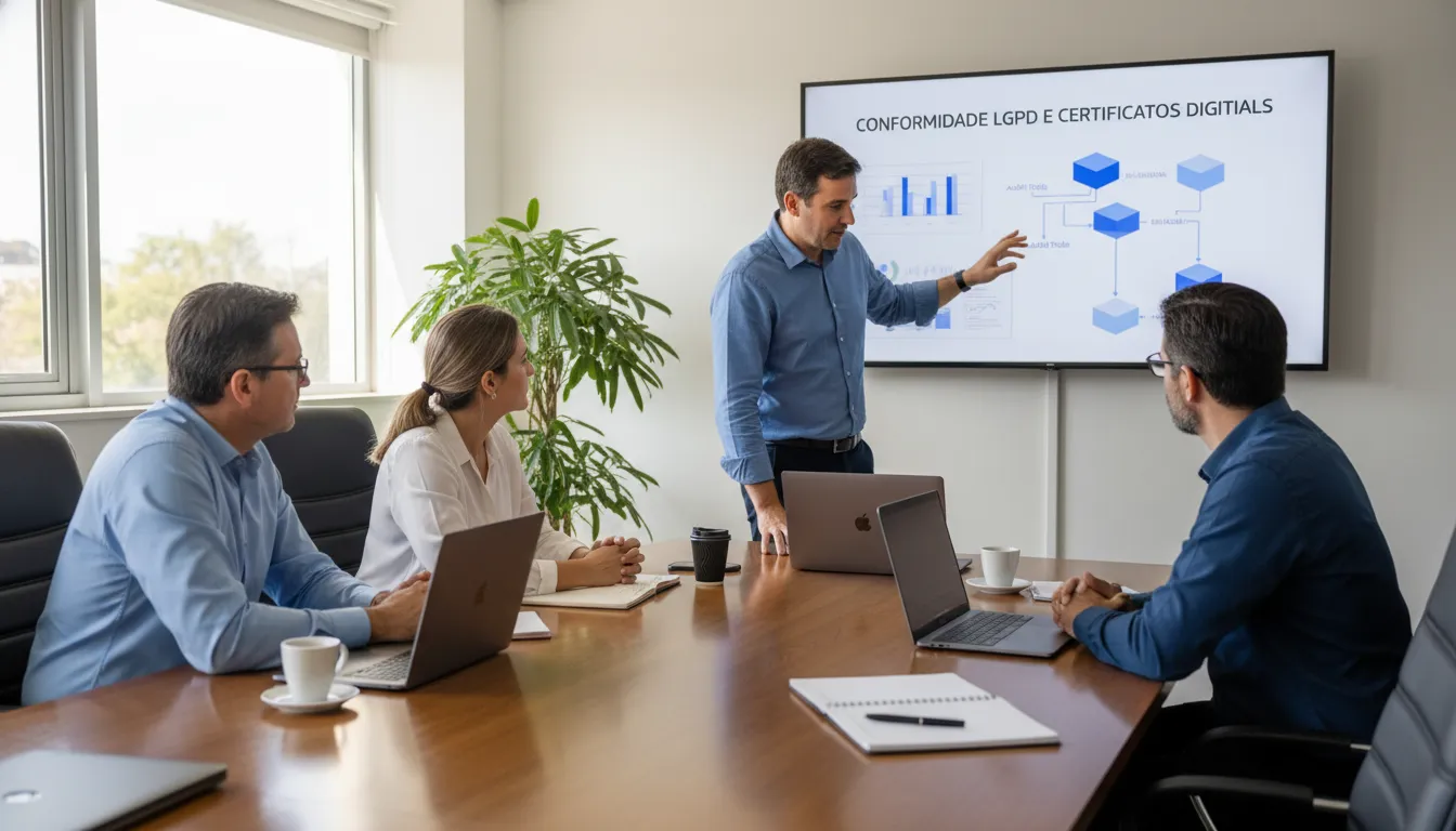 Equipe contábil discute conformidade LGPD e auditoria certificado digital em reunião colaborativa.