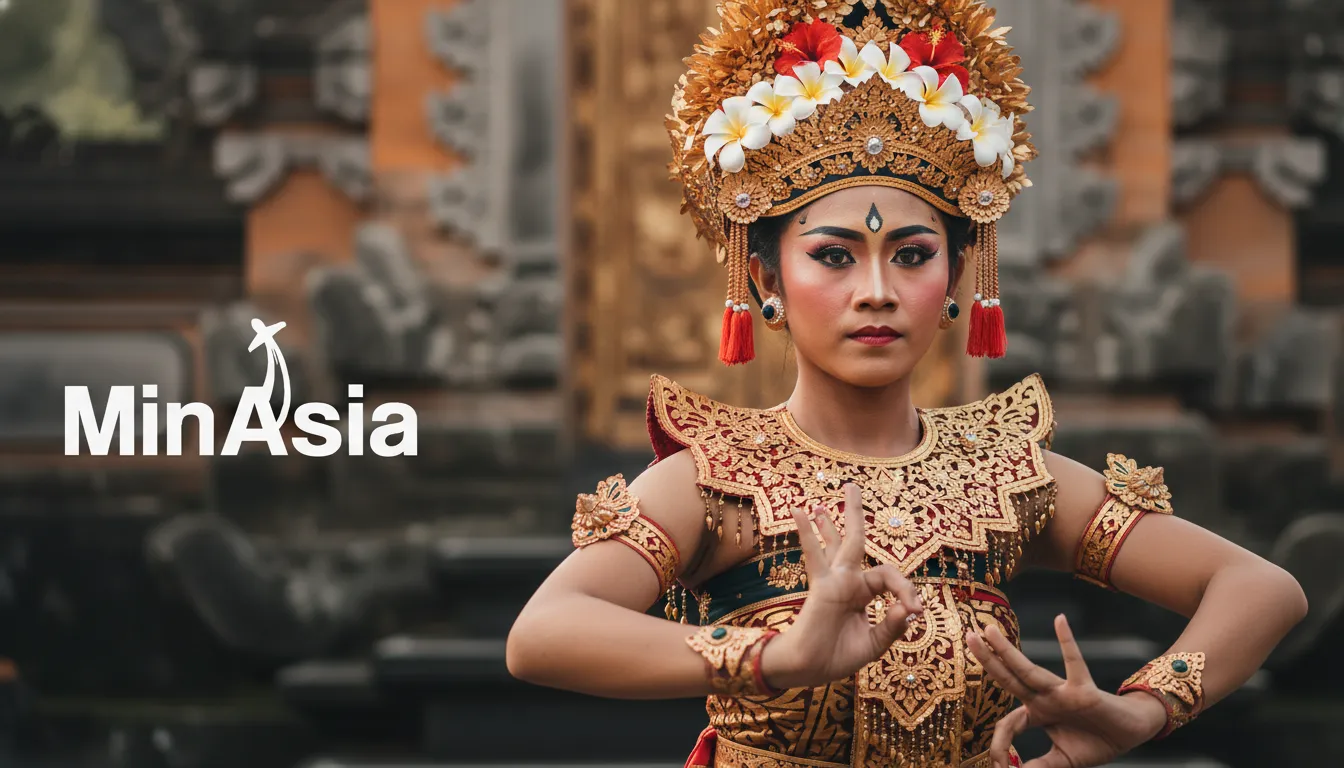 Retrato detalhado de uma dançarina balinesa em traje tradicional, realizando uma apresentação em Bali, Indonésia. A beleza da arte de Bali, Indonésia.