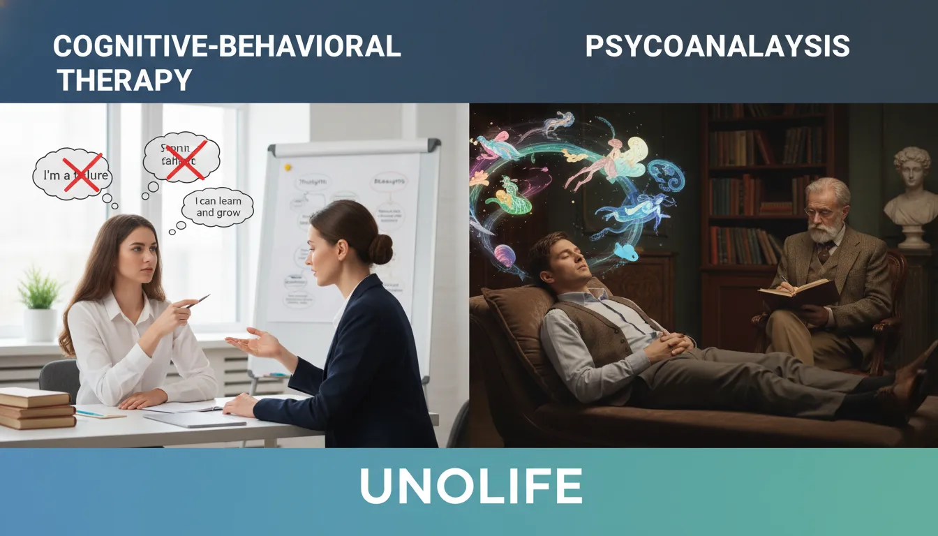 Imagem comparativa mostrando a diversidade dos tipos de terapias, como a TCC e a psicanálise. Unolife oferece suporte para você.