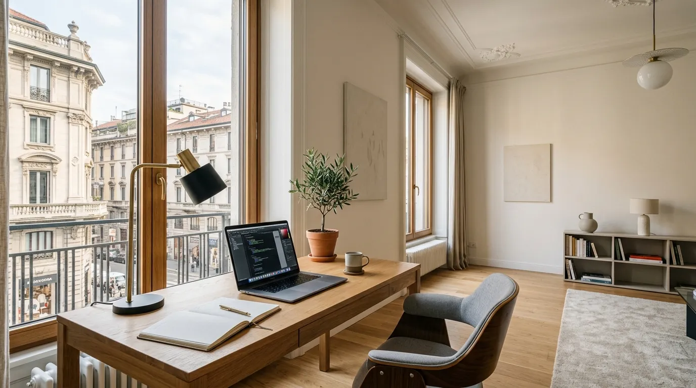 Espaco moderno de home office italia em apartamento luminoso com arquitetura tipica ao fundo.