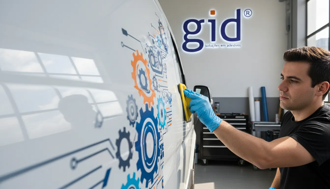 Técnico aplicando adesivos personalizados GID em veículo comercial, demonstrando a precisão e qualidade dos adesivos para frota.