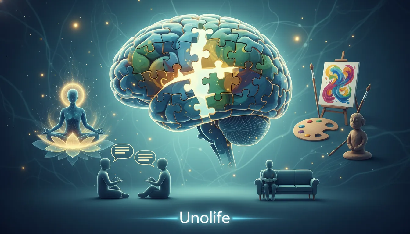 Ilustração que representa a cura e a integração através dos diferentes tipos de terapias, promovidas pela Unolife.