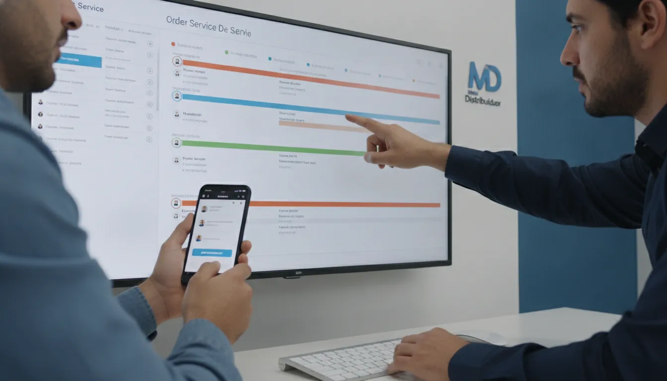 Equipe colabora na gestão de ordens de serviço, visualizando status e gerando orçamentos PDF eficientes.
