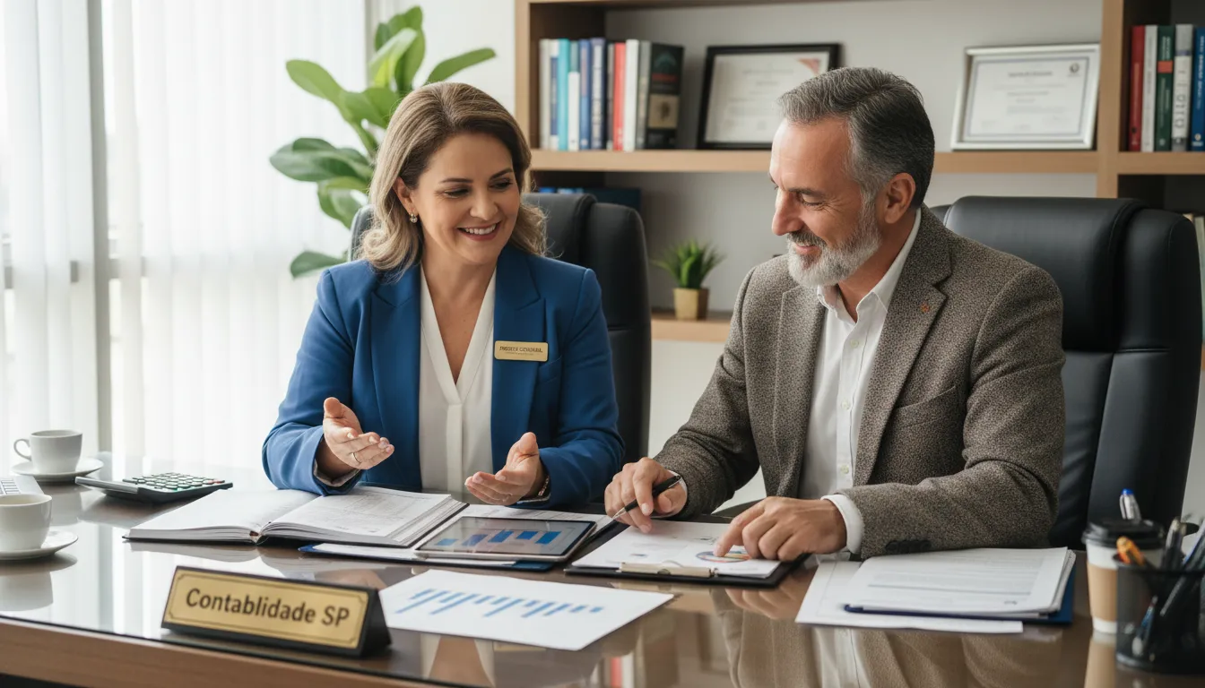Contador da Prezzo Contábil auxiliando um diretor escolar com o planejamento financeiro, destacando a Contabilidade para Escolas em São Paulo.