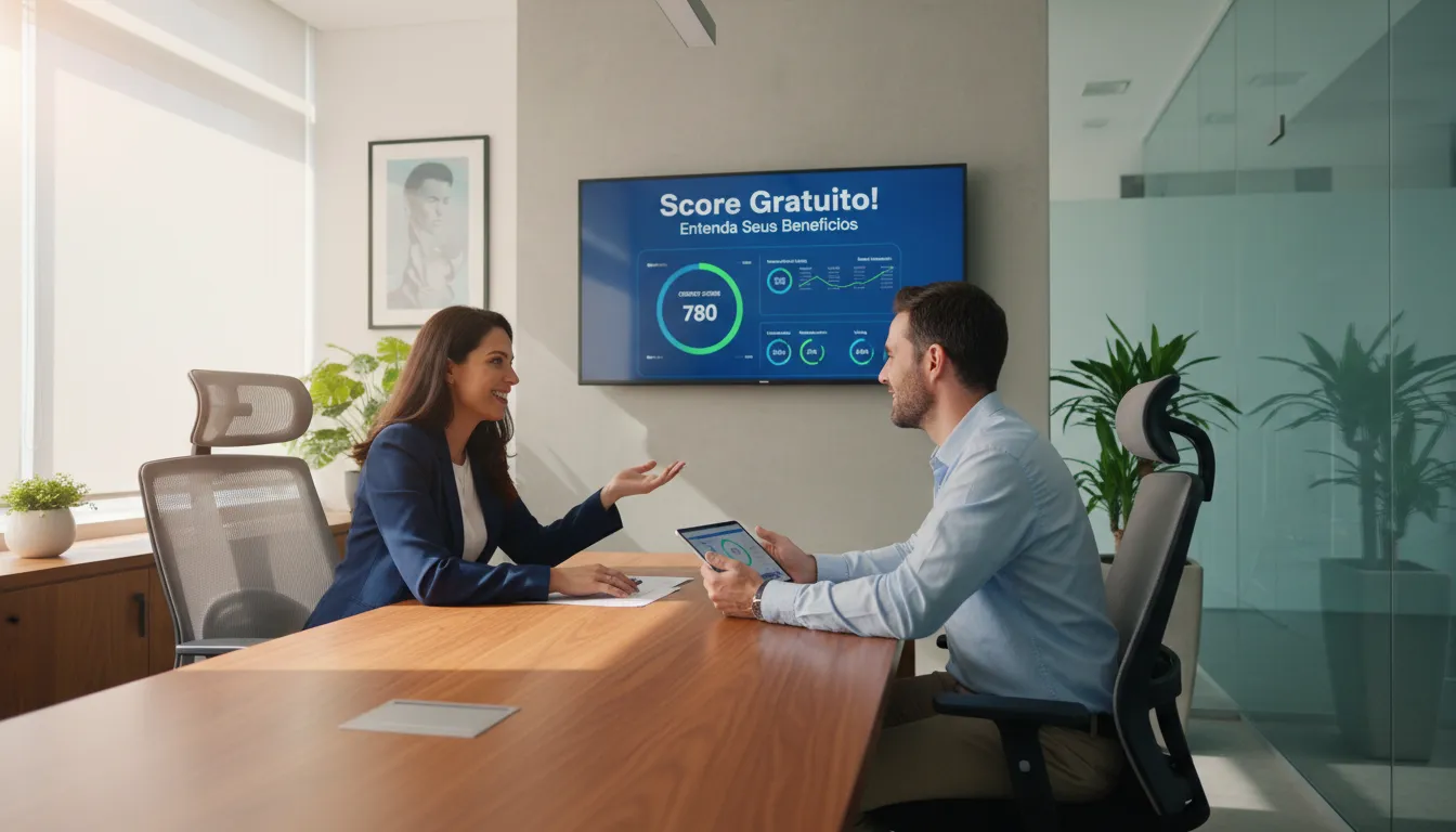 Consultor financeiro explicando os benefícios da consulta de score gratuita da Financia Tudo para um cliente, em um ambiente de escritório moderno e acolhedor.