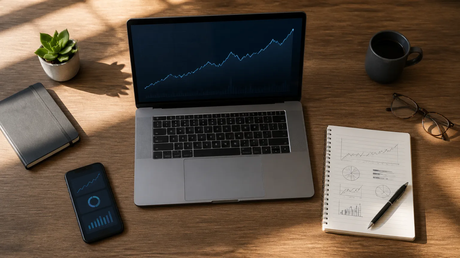 Painel com indicadores de desempenho de afiliados financeiros e planejamento financeiro em mesa de trabalho.