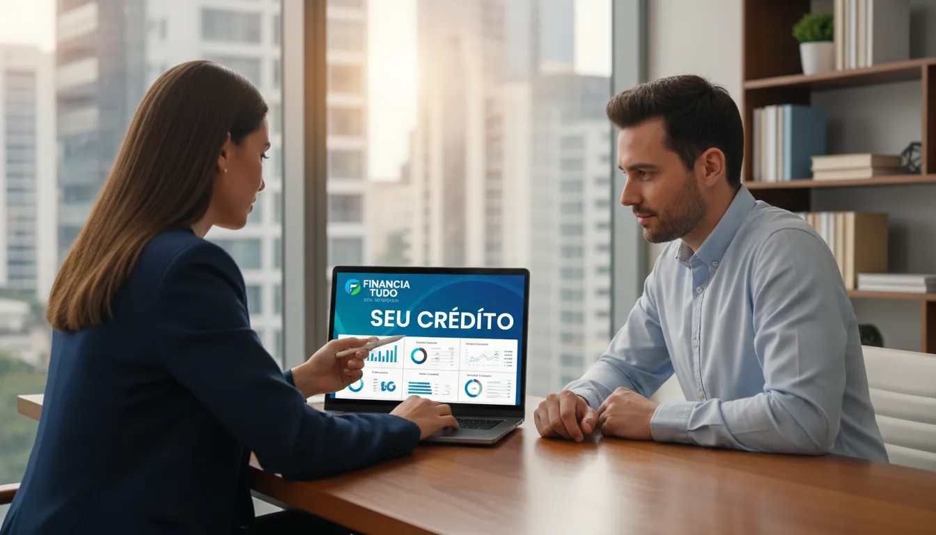 Consultor financeiro auxiliando cliente com os termos de um empréstimo consignado usando um dashboard digital da Financia Tudo em um escritório.