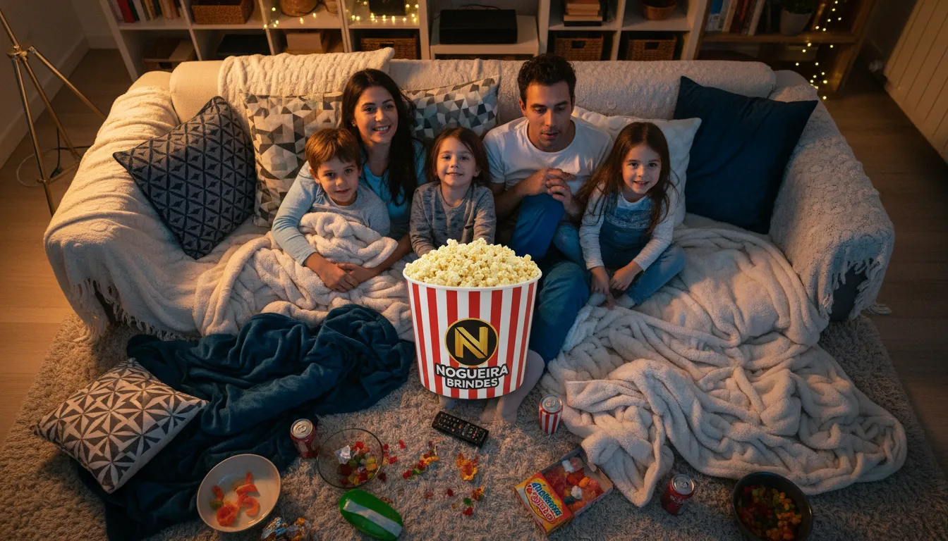 Foto aérea de uma família curtindo uma noite de cinema em casa, com um balde de pipoca personalizado da Nogueira Brindes como destaque central, promovendo a união e o lazer.