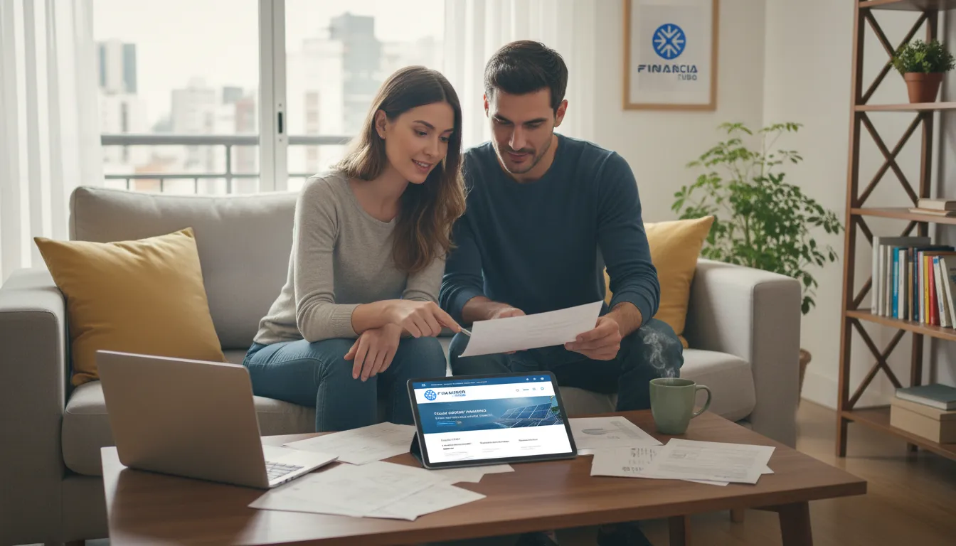 Casal planejando orçamento com tablet mostrando opções de energia solar para condomínios financiamento Financia Tudo.