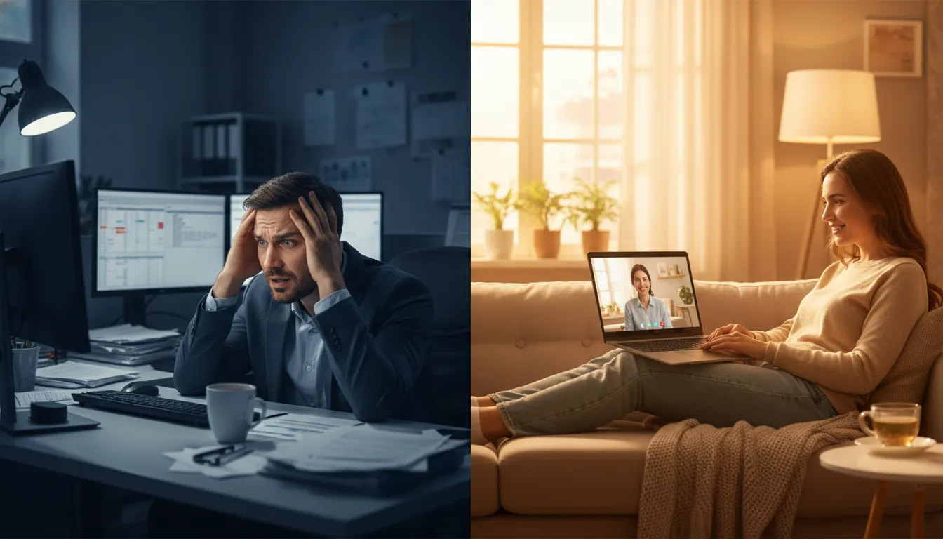 Contraste entre estresse no trabalho e alívio com a terapia online, destacando os benefícios para o bem-estar.