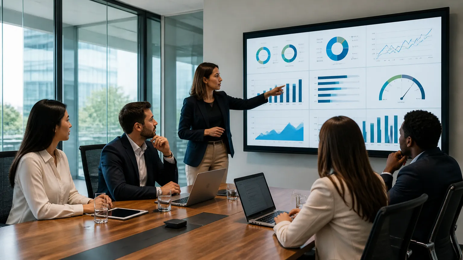 Equipe comercial analisando métricas estratégicas para padronizar atendimento ao cliente na empresa.