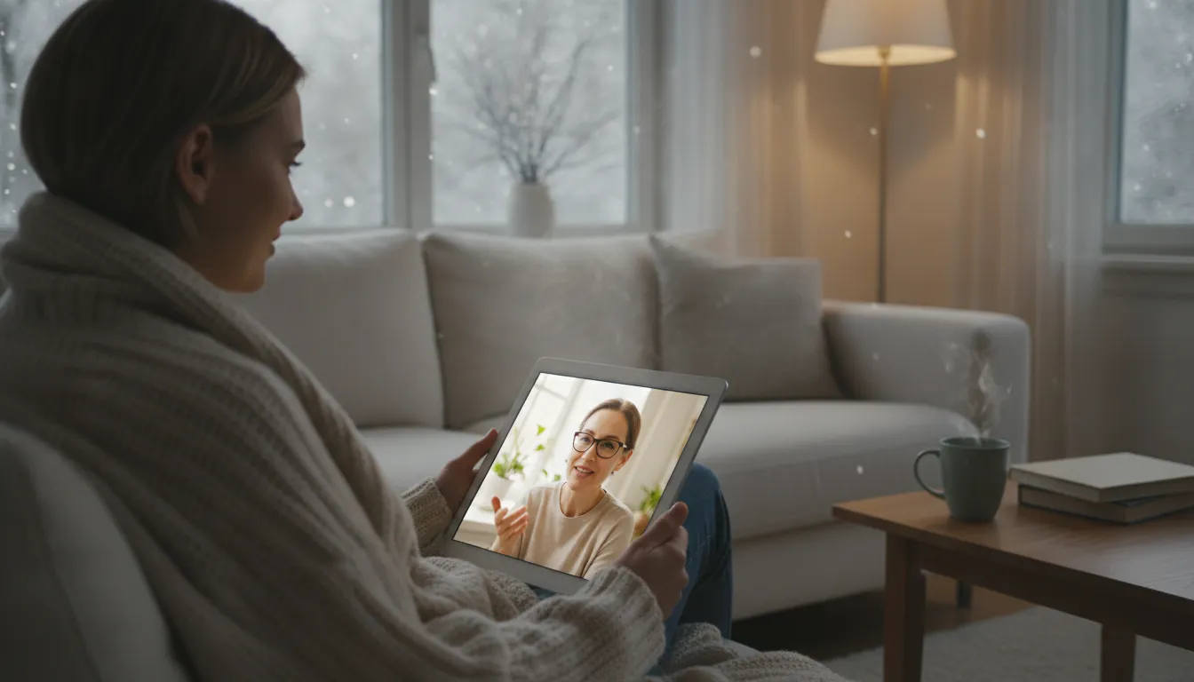 Pessoa em sessão de terapia online, buscando apoio profissional para saúde mental no inverno.