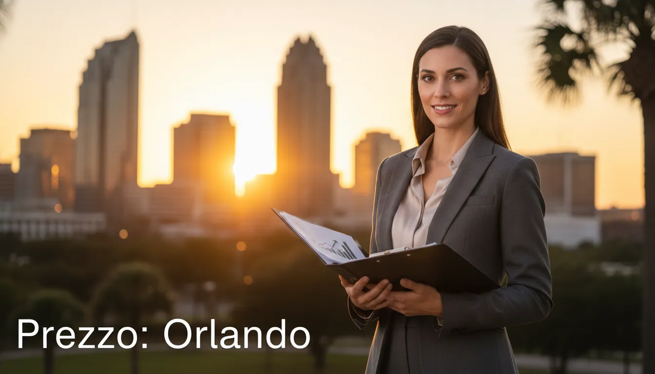Mulher de negócios confiante em frente ao horizonte de Orlando ao pôr do sol, representando o sucesso da contabilidade brasileira em orlando.