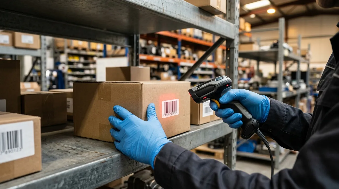 Tecnico escaneando peca no estoque da manutenção PCM para controle de inventario.