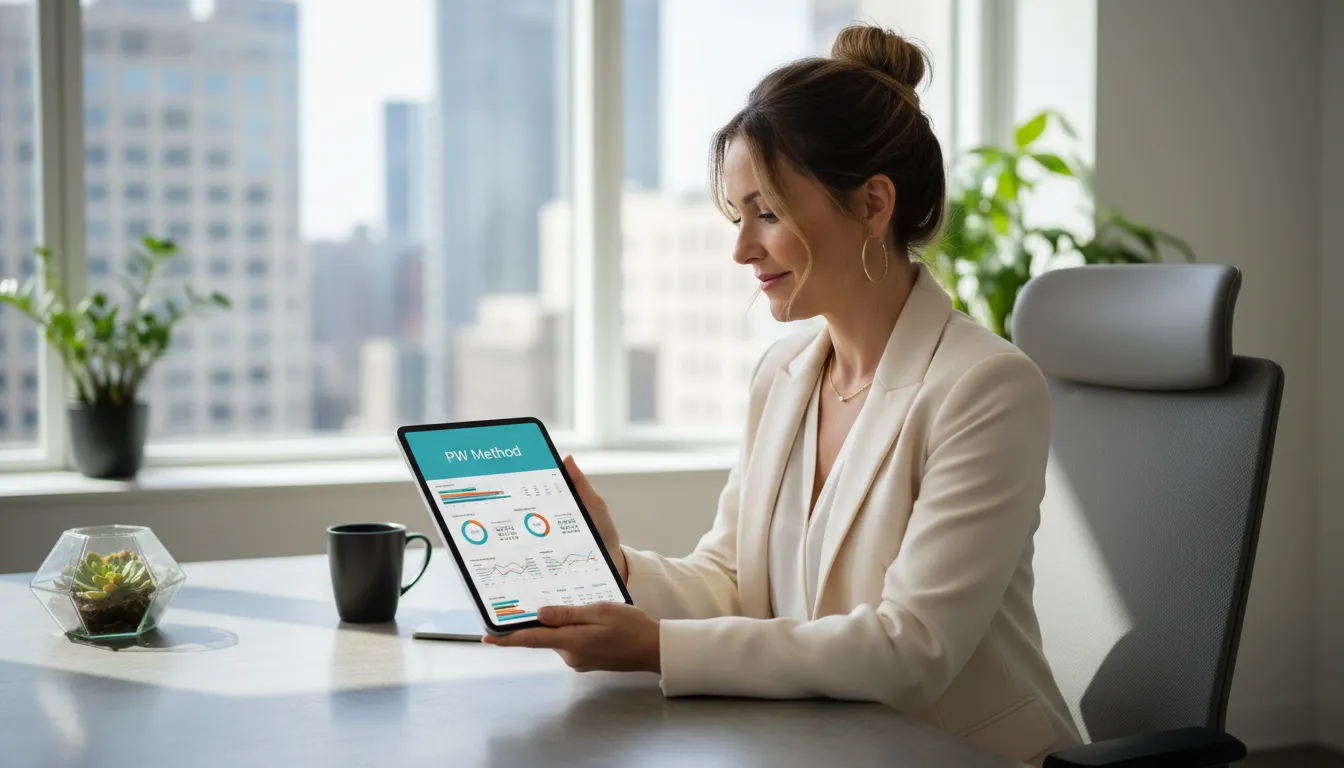 Dona de clínica wellness analisando dados no tablet, refletindo o sucesso na taxa de engajamento instagram com o Método PW.